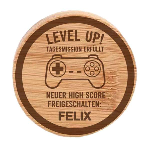 Beispiel eines personalisierten "Level Up" Flaschenöffners für Gamer mit dem Namen "FELIX".