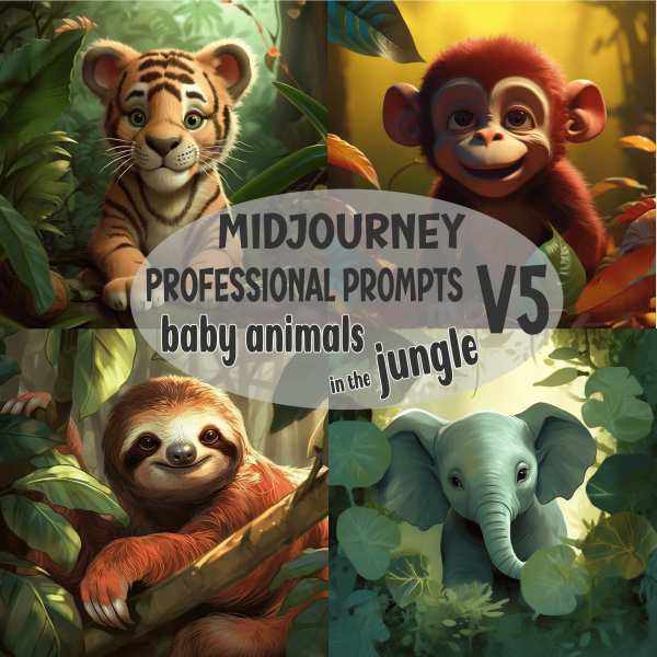 Midjourney Prompt, Dschungel Babys - Wildtiere - professionelle KI Kunst, Sofort-Download