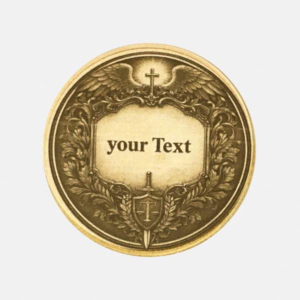 Personalisierbare Rückseite der St. Michael Münze mit Flügeln und Schwert für individuelle Textgravur