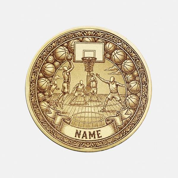 Vorderseite der Basketball-Münze aus Messing mit Spieler-Motiv und Namensgravur im Banner.