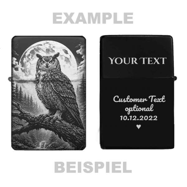 Feuerzeug Eule Uhu Vollmond personalisiert Textgravur inklusive – Foto/Logo optional