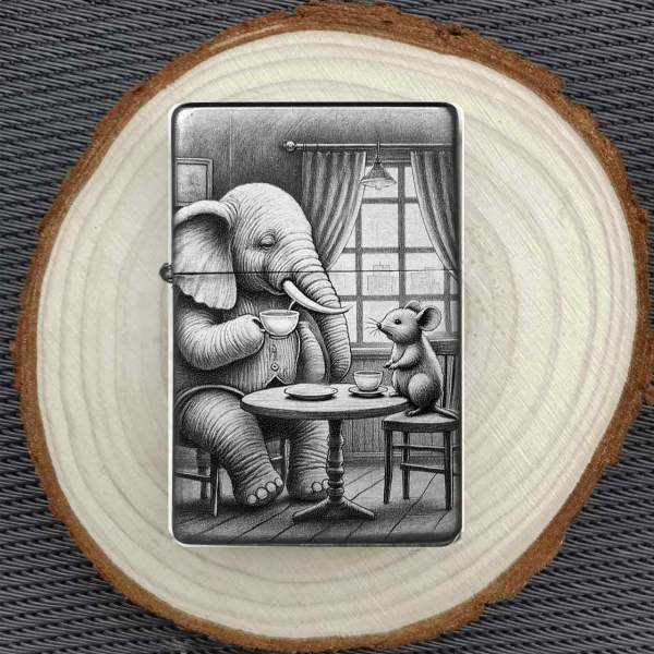 Feuerzeug Elefant & Maus mit Kaffee – personalisierbar