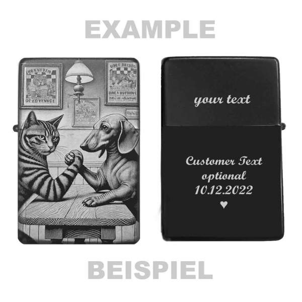 Feuerzeug Katze mit Dackel Fun Motiv – personalisierbar