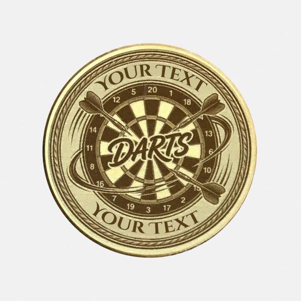 Vorderseite der Darts-Münze mit Textfeldern oben und unten und Dartboard-Motiv.