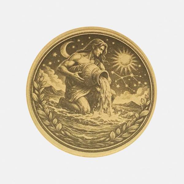 Detailansicht Sternzeichen Münze Wassermann (21.01.–19.02.): Hochwertiges Wasserträger-Motiv in Messing-Antik-Optik.
