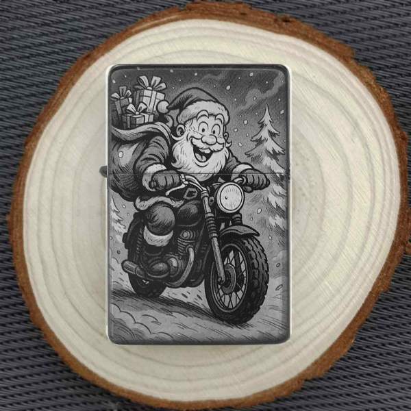 Weihnachtsmann Motorrad Feuerzeug optional personalisiert