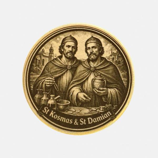 Personalisierte Messing-Münze – St. Kosmas & St. Damian Motiv – Gravur optional (Text oder Foto/Logo)