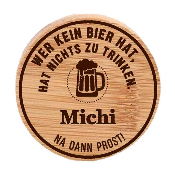 Beispiel eines personalisierten Flaschenöffners aus Holz mit dem Namen "Michi".