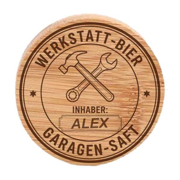 Beispiel eines personalisierten "Werkstatt-Bier" Flaschenöffners mit dem Namen "ALEX".