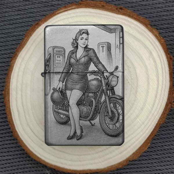Feuerzeug Vintage Bike Motorrad Woman – personalisierbar