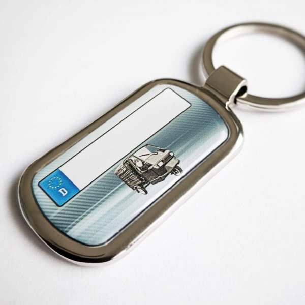 Piaggio Ape mit Kennzeichen Schlüsselanhänger personalisiert Fotodruck mit Gravur auf der Rückseite