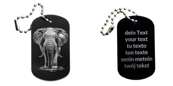 Elefant Schlüsselanhänger schwarzer Alu Dogtag mit Gravur
