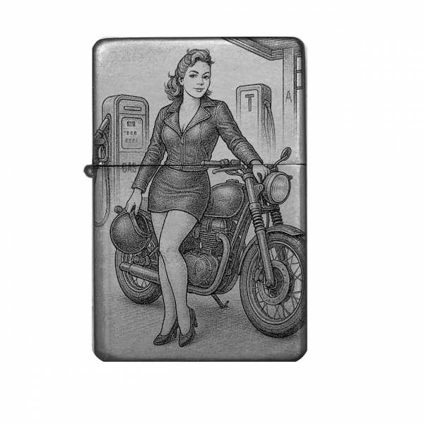 Sturmfeuerzeug "Vintage Bike Woman" – personalisierbar