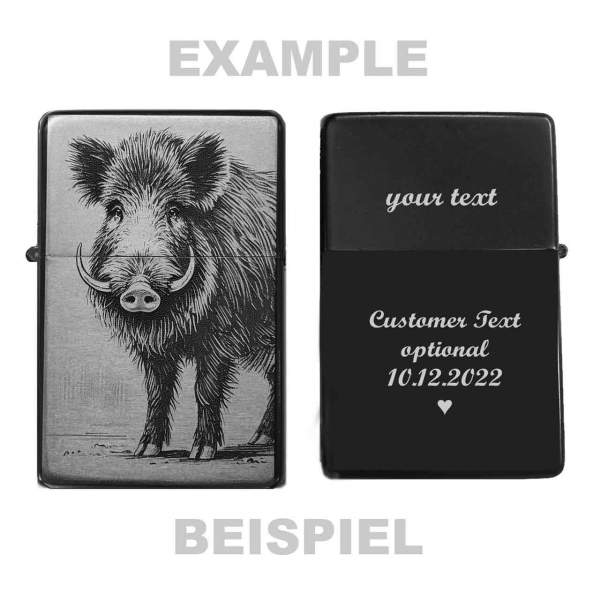 Keiler Wildschwein Feuerzeug mit Wildsaukopf Lineart, optional mit Textgravur