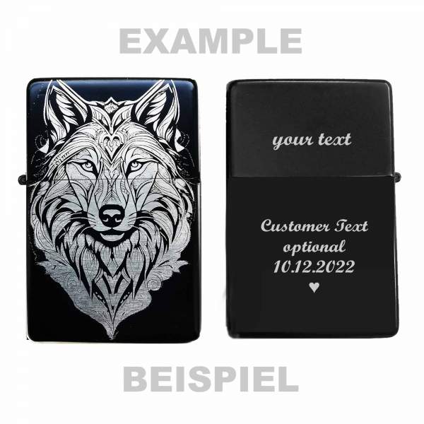 Tatuaje lineal de cabeza de lobo encendedor de lobo, opcionalmente personalizado con su texto grabado en la parte posterior