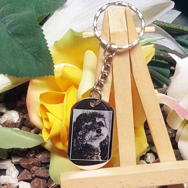 Edelstahl Schlüsselanhänger personalisiert Dogtag mit Fotogravur