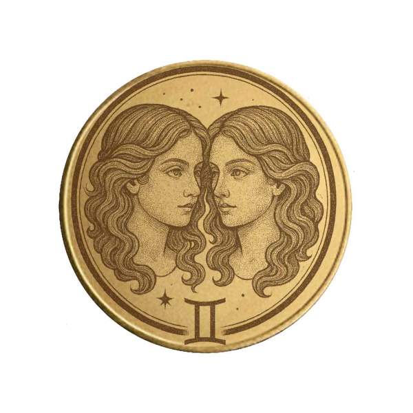 Vorderseite der Sternzeichen Münze "Zwillinge" aus Messing mit astrologischer Gravur.