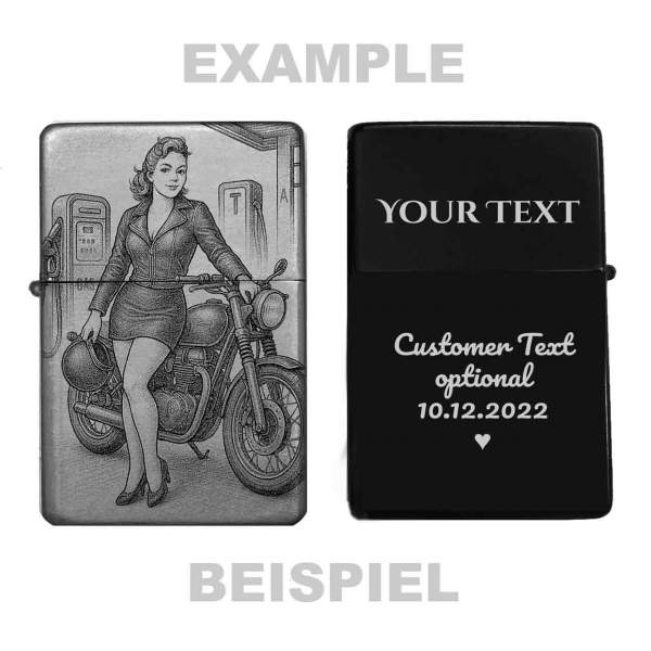 Feuerzeug Vintage Bike Motorrad Woman – personalisierbar