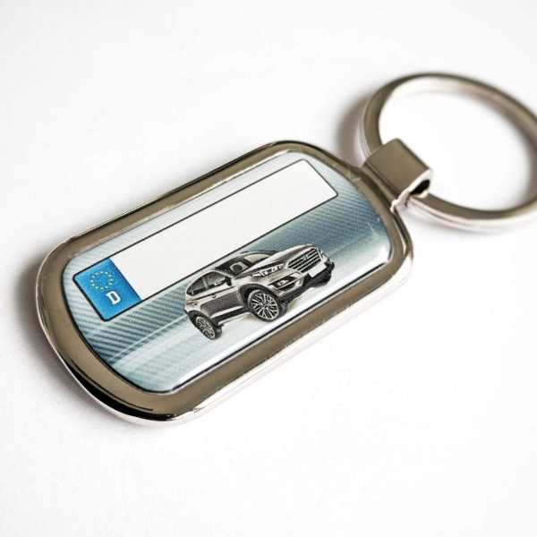 Hyundai Tucson mit Kennzeichen Schlüsselanhänger personalisiert Fotodruck mit Gravur auf der Rückseite