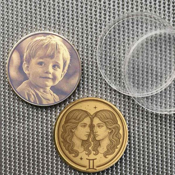 Beispiel einer personalisierten Sternzeichen Zwillinge Münze mit Fotogravur eines Kindes auf der Rückseite.