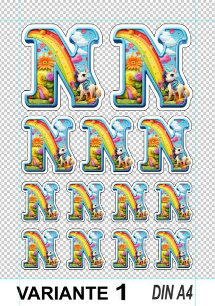 Buchstabe N Einhorn Sticker - 13 hochwertige Aufkleber für Handy Kalender Sammelalbum