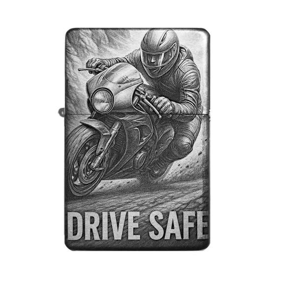 "Drive Safe Biker" Spruch Feuerzeug mit Gravur | optional personalisiert | Shop-Fotogravur.de
