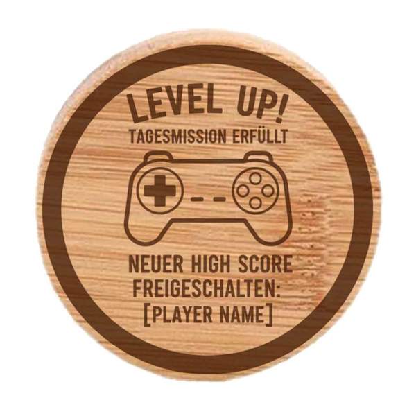 Vorlage des Holz-Flaschenöffners "Level Up" zur Personalisierung mit einem Spielernamen.