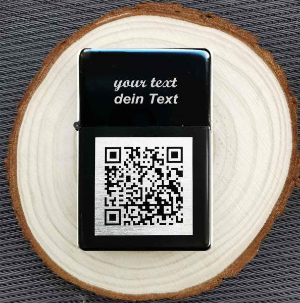 QR-Code Feuerzeug mit Gravur personalisiertes Geschenk eigener Text Kontakt Notfall