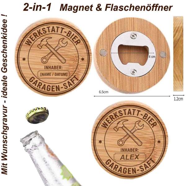 Infografik des personalisierbaren Flaschenöffners "Werkstatt-Bier" mit Maßen und Anwendungsbeispiel.