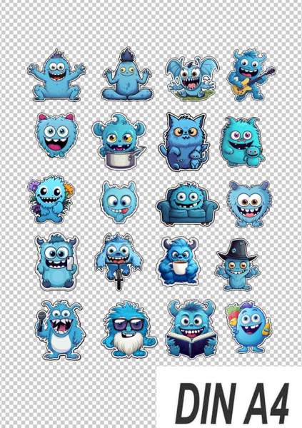 20 lustige blaue Monster Sticker auf hochwertigem selbstklebenden Fotopapier