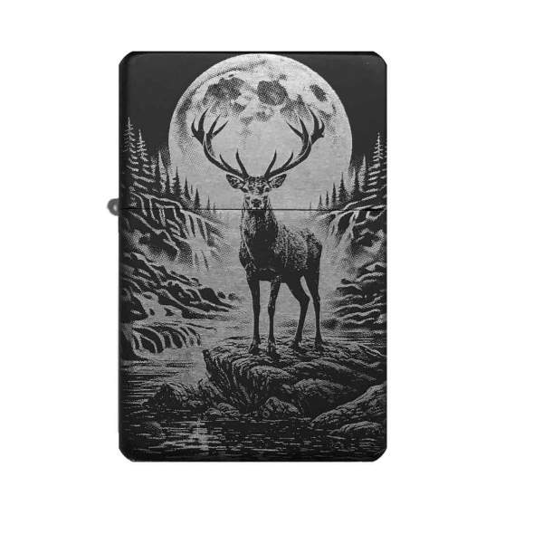 Personalisiertes Feuerzeug – Hirsch & Vollmond Motiv – Textgravur inklusive – Foto/Logo optional