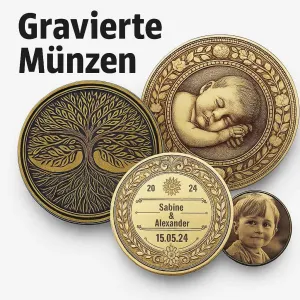 Münzen mit Gravur, personalisierbar mit Foto oder Daten