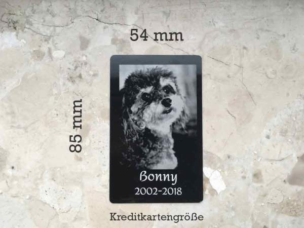 Gravierte Erinnerungskarte für Hunde – personalisierbare Metallkarte mit Foto & Namen