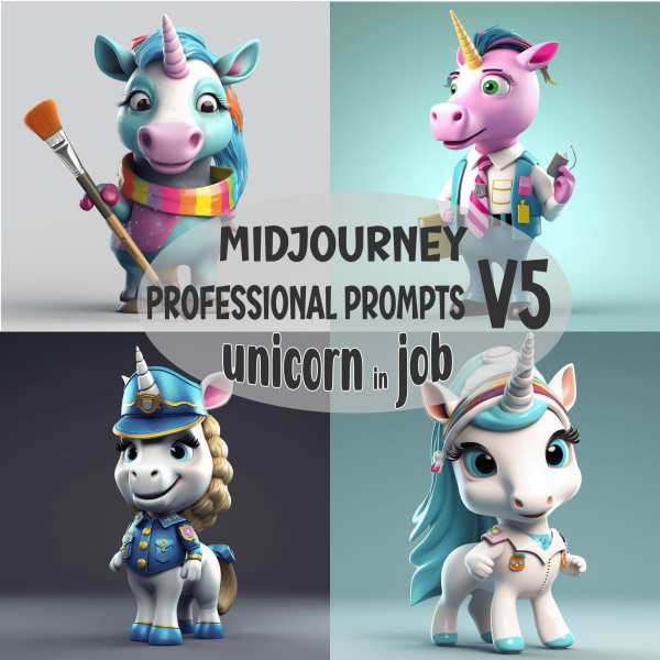 Midjourney Prompt, süßes Einhorn im Job, 3D Cartoon Character, professionelle KI Kunst, Sofort-Downl