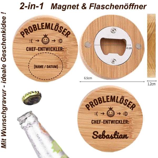 Infografik des personalisierbaren Flaschenöffners "Problemlöser" mit Magnet und Maßen.