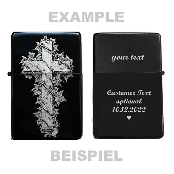 Kreuz Feuerzeug No2 mit Efeu Ranke religiöses Symbol opt. personalisiert mit Text