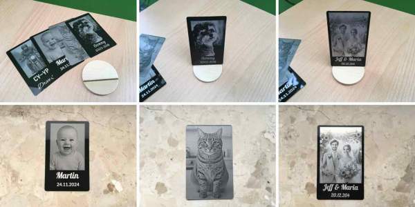Gravierte Erinnerungskarte für Hunde – personalisierbare Metallkarte mit Foto & Namen