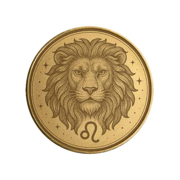 Vorderseite der Sternzeichen Münze "Löwe" aus Messing mit astrologischer Gravur.
