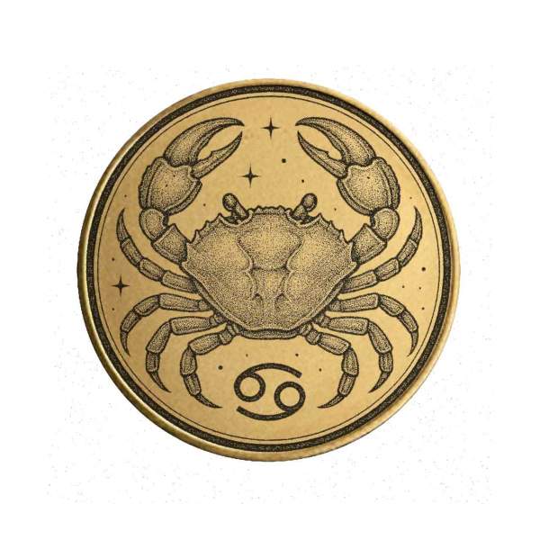 Vorderseite der Sternzeichen Münze "Krebs" aus Messing mit astrologischer Gravur.