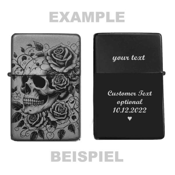 Sturmfeuerzeug Totenkopf mit Rosen – personalisierbar