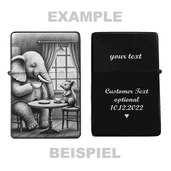 Feuerzeug Elefant & Maus mit Kaffee – personalisierbar