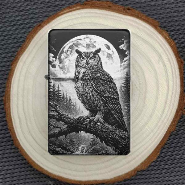 Feuerzeug Eule Uhu Vollmond personalisiert Textgravur inklusive – Foto/Logo optional