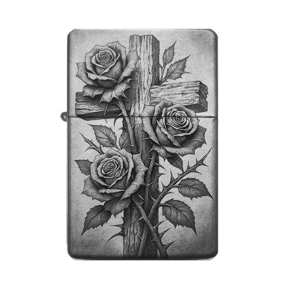 Kreuz mit Rosen Feuerzeug mit Gravur | optional personalisiert | Shop-Fotogravur.de
