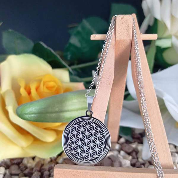 Blume des Lebens Edelstahl Ketten Anhänger rund personalisiert mit Gravur