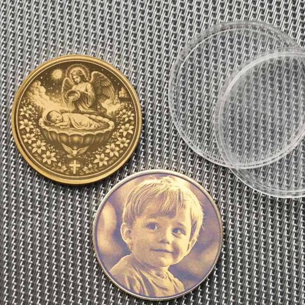 Moneda de bautizo personalizada  Talismán ángel de la guarda