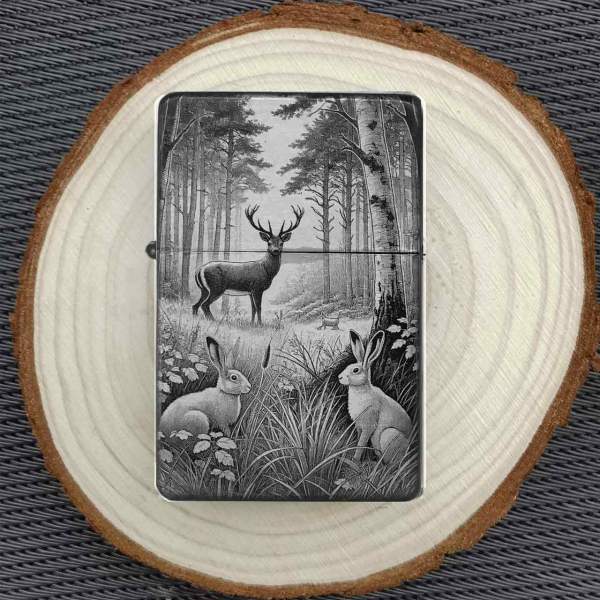 Feuerzeug Waldtiere Hirsch & Hase Jäger– personalisierbar