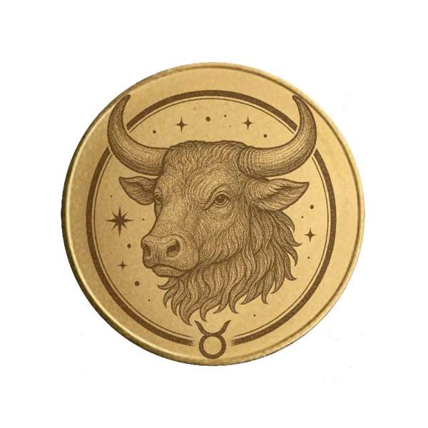 Vorderseite der Sternzeichen Münze "Stier" aus Messing mit astrologischer Gravur.