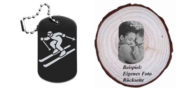 Skifahrer Schlüsselanhänger personalisierbar - Dogtag auch mit QR Code oder Foto