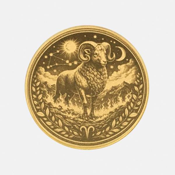 Vorderseite der Sternzeichen-Münze aus Messing: Stolzer Widder mit großen Hörnern in Berglandschaft unter Sonne.