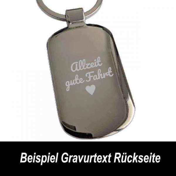 Beispiel des Gravurtextes auf der Rückseite des Schlüsselanhängers